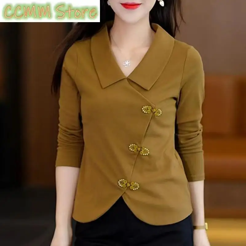 2023 Chinese Style Autumn Long Sleeve T-shirt Women Solid Polo Neck Irregular Button Fashion Simple Ladies Temperament Top