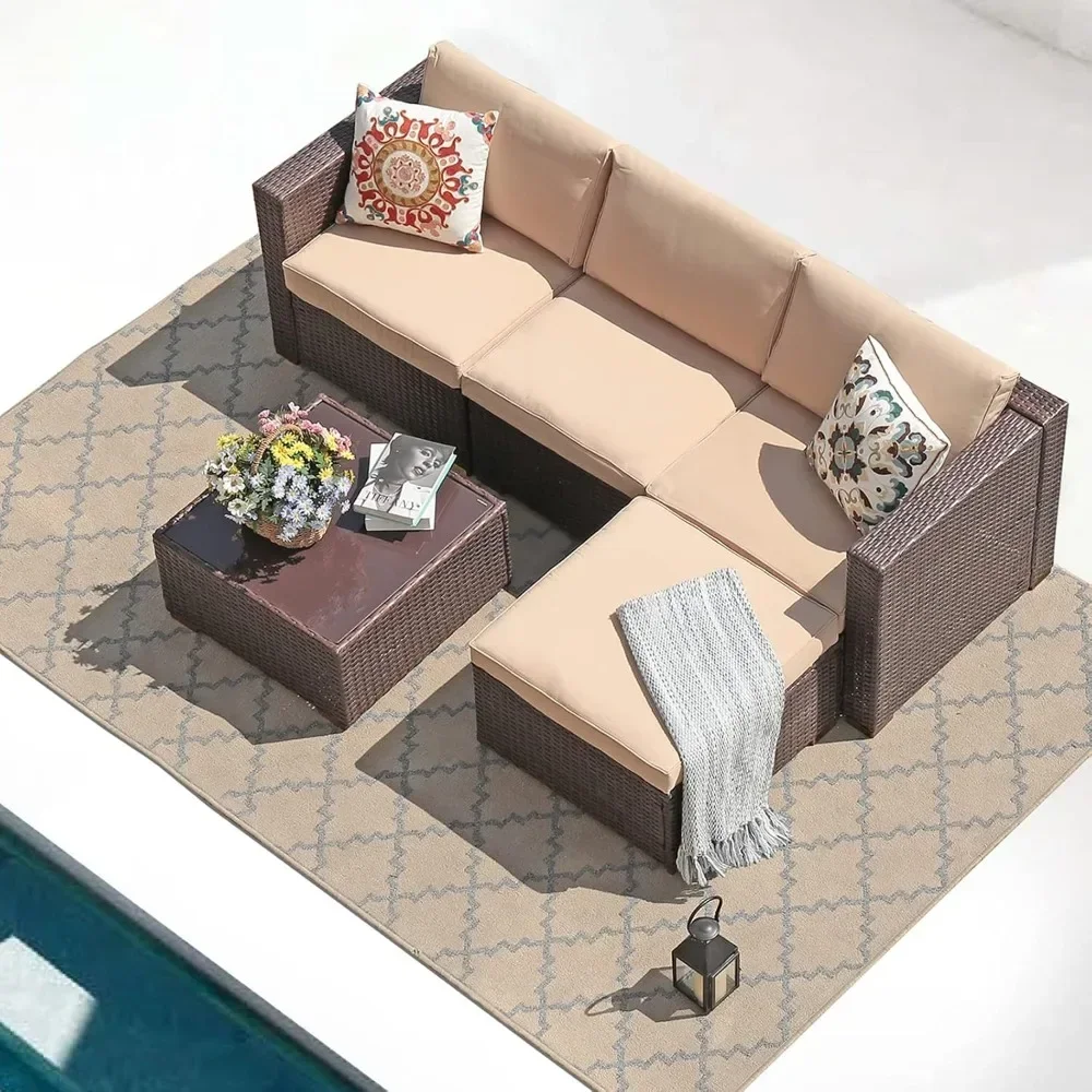 

5 Piece Outdoor Patio Furniture Set, Outdoor Sectional Conversation Set, All-Weather Brown PE Wicker w/Beige Cushions