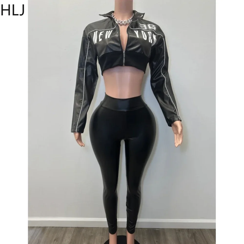 

HLJ&GG Black Y2K Fashion Letter Leather Jacket Two Piece Sets Women Zip Long Sleeve Slim Crop Top And Skinny Pants Outfits 2025