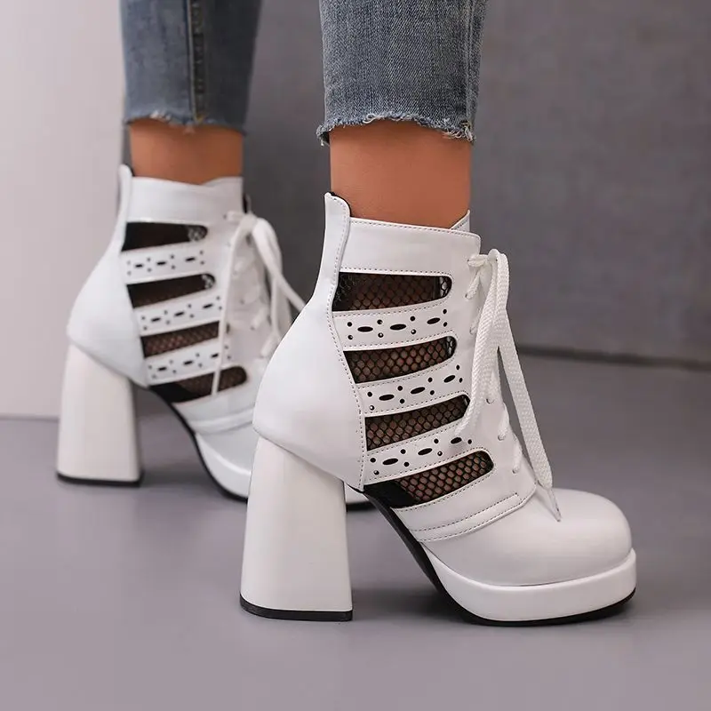 REAVE CAT Fashion Women Ankel Boots Toe Block Heels Platform Lace Up Size 42 43 Leisure Daily stivaletti estivi femminili