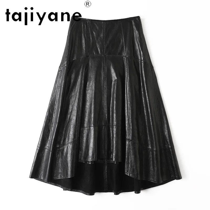 TAJIYANE Genuine Leather Skirt Oil Wax Vegetable-Tanned Sheepskin Women's Skirts Midi Skirt Flared Skirts of Woman High-Low Hem