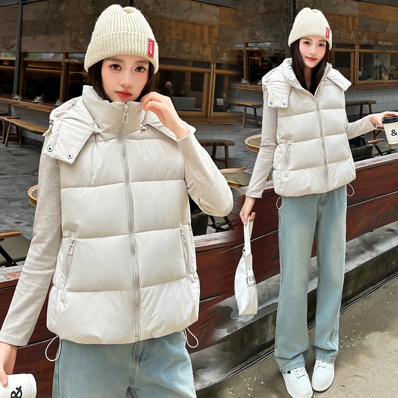 New Women Hooded Sleeveless Parka Jacket Toggle Adjustable Hood Zippered Pockets Drawcord Hem Fall Winter Windproof Outer Layer