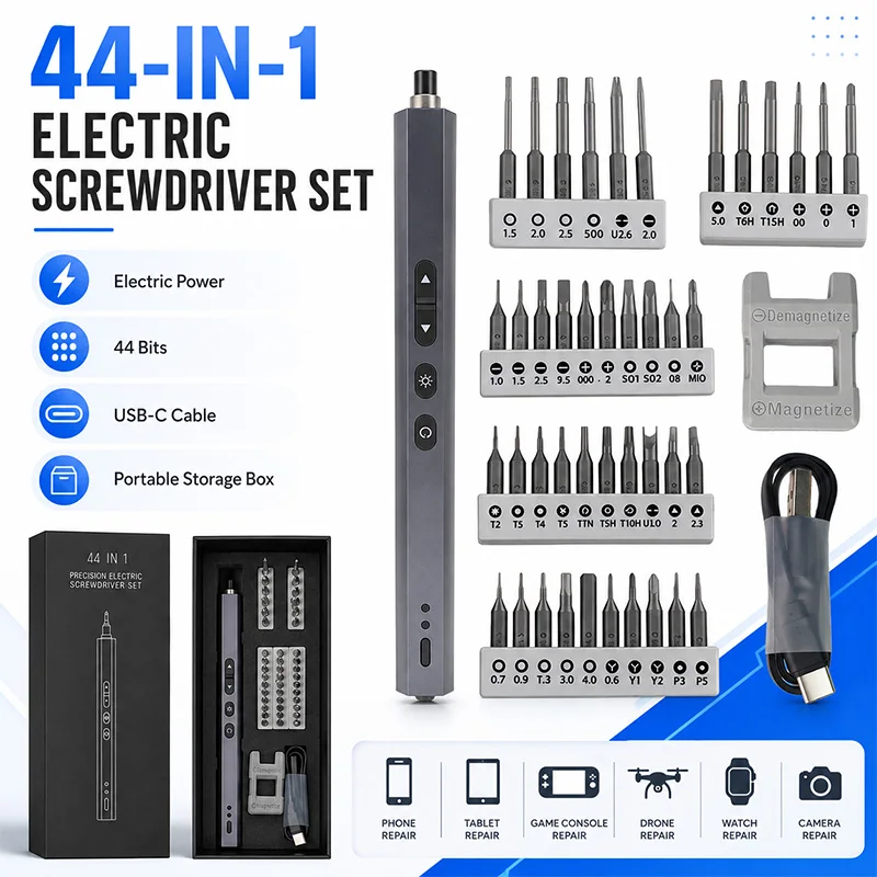 Rechargeable 44-in-1 Electric Precision Screwdriver Kit Cordless Pen Tool LED Light for Phone Laptop Watch Camera PC Repair Set