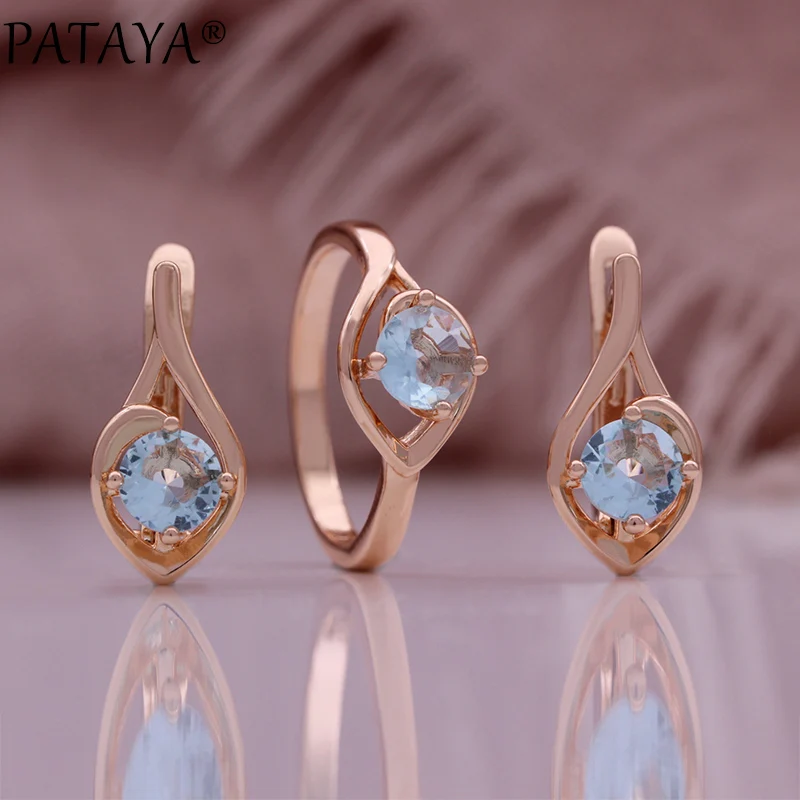 PATAYA 585 Rose Gold Color Ring Earrings For Women Blue Natural Zircon Accessories High Quality Daily Jewelry Set