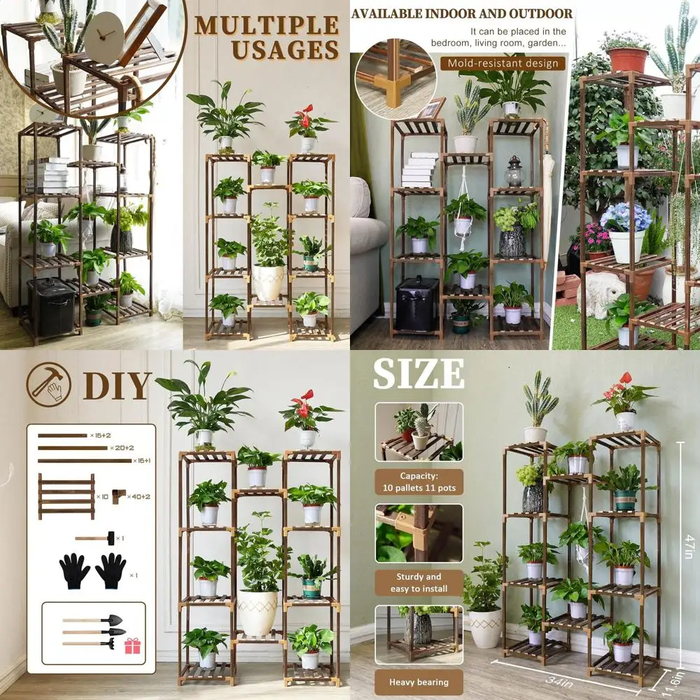 

Многоярусная деревянная подставка для растений для внутреннего и наружного использования, 10-уровневая стойка содержит 11 больших горшков, идеально подходит для углов балкона и сада.