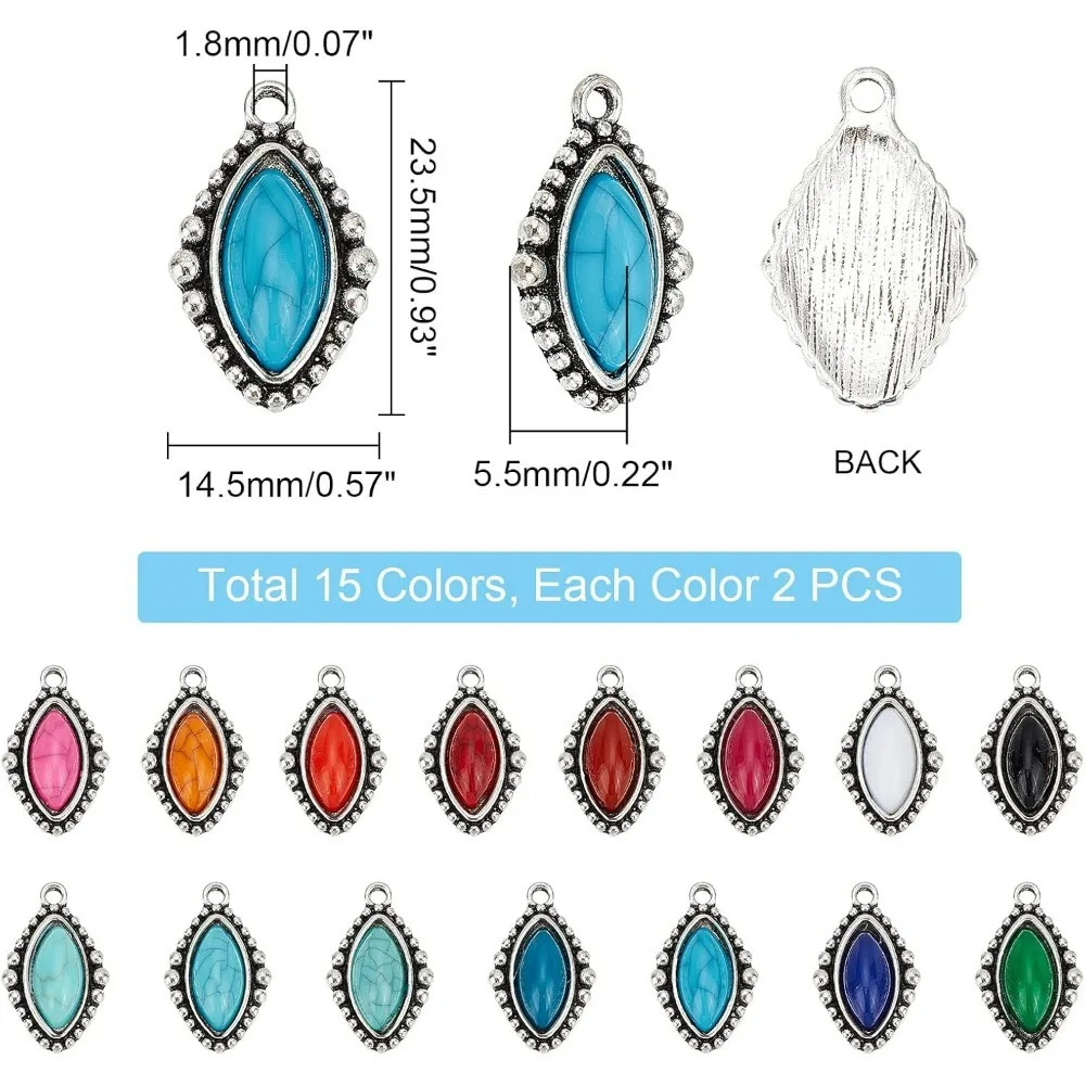 Breloques en alliage de pierre turquoise, 15 couleurs, perles d'oeil de cheval, pierres précieuses rétro, 30 pièces