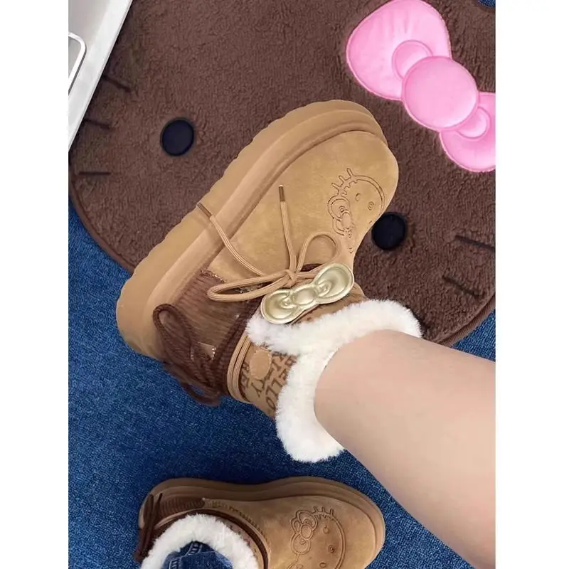 

Kawaii Sanrioed Hello Kitty Girls' Winter Warm Plush Snow Boots Cute Cartoon New Anti Slip Thick Soled Cotton Shoes Holiday Gift