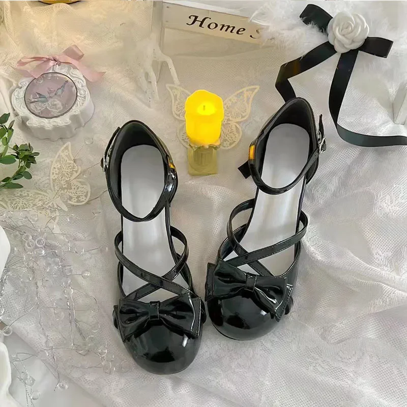 Primavera verão novo produto mary jane lo lolita jkfashion sapatos arco cruz cinta oco estudante baotou hanfu sandálias dedo do pé redondo