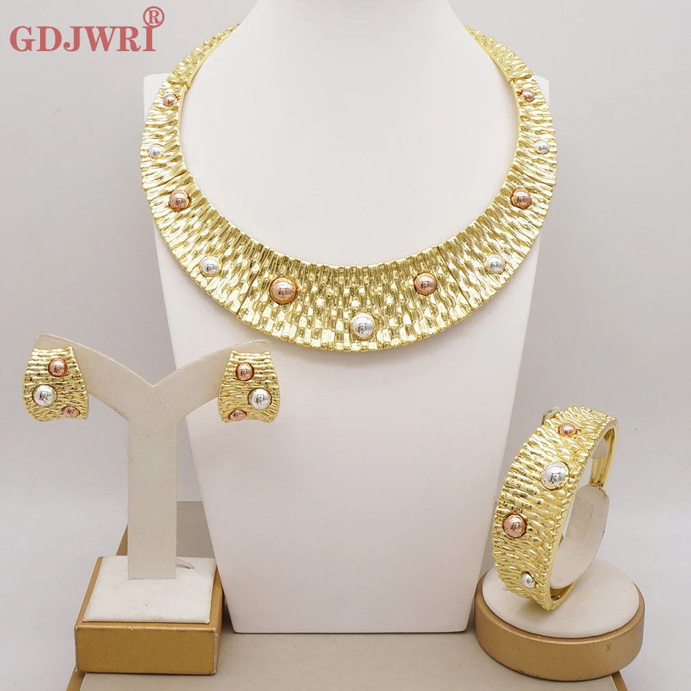 Fine Big Style Gold Color Plated Luxury Colorful Rhinestone Necklace Bracelet Earrings Jewelry Set Women Wedding Gift Jewellery