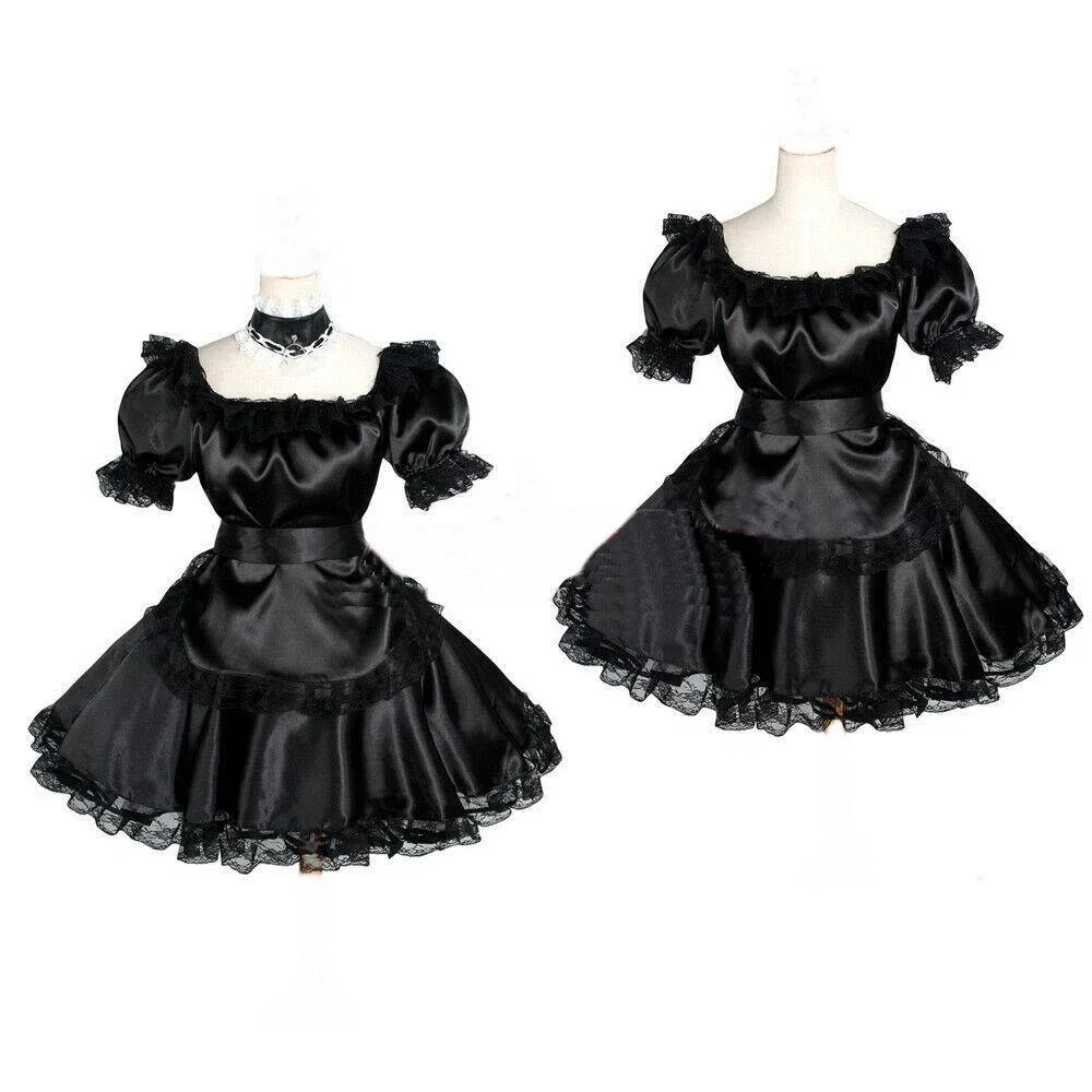 

Sexy Sissy French maid black matte satin short sleeved lace border dress cosplay clothing can be customized