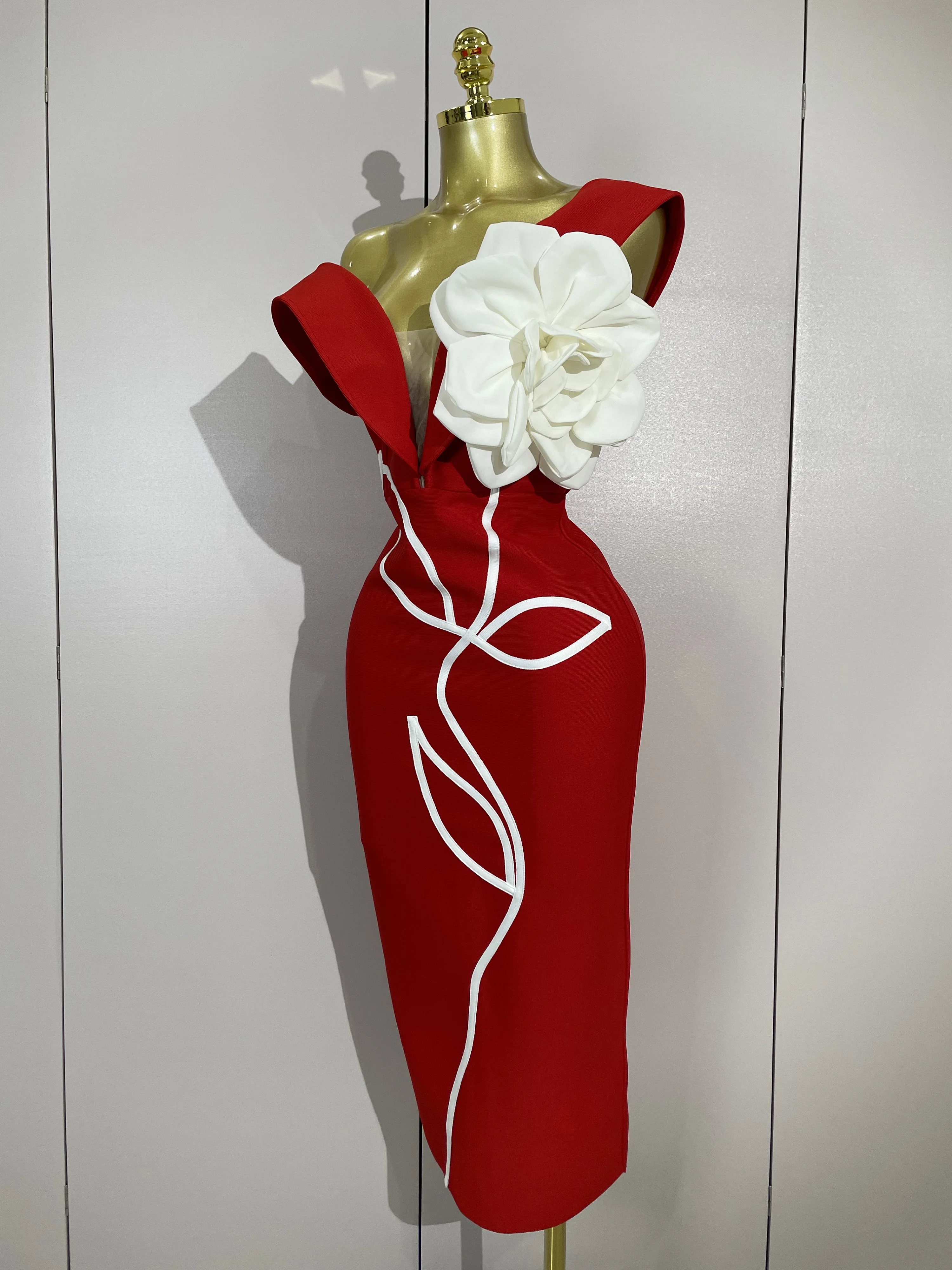 Sexy fuera del hombro flor blanca negro rojo ceñido al cuerpo vestido largo mujeres de lujo celebridad noche Club elegante vestidos de fiesta