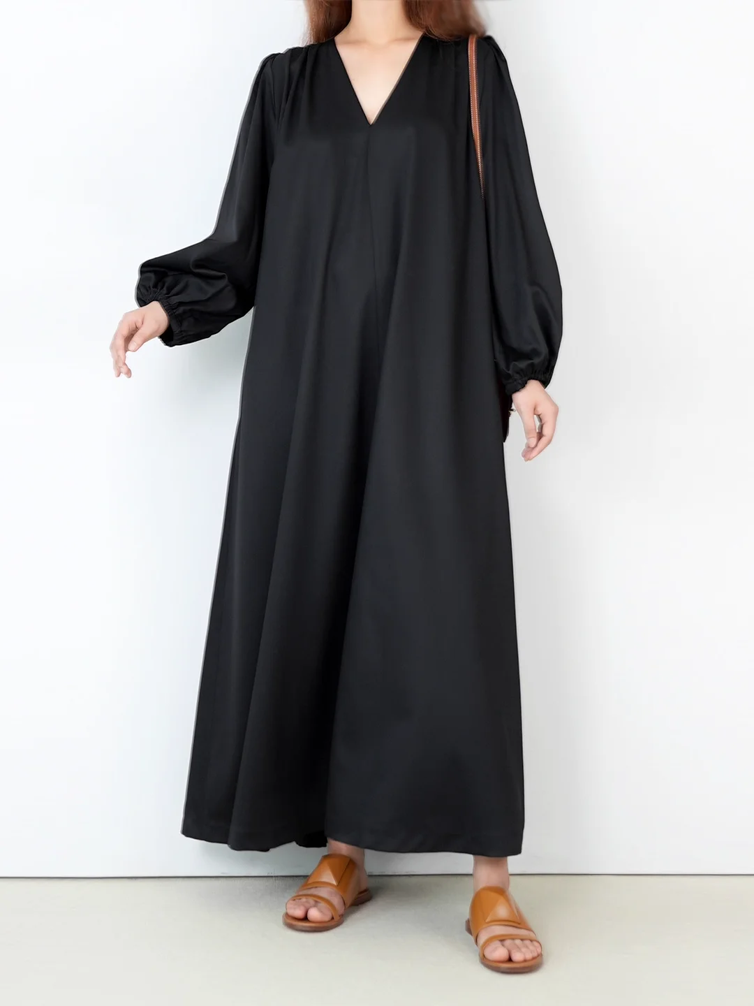 

Women Wool Silk Maxi Dress V-Neck Long Lantern Sleeve Loose Female Robe