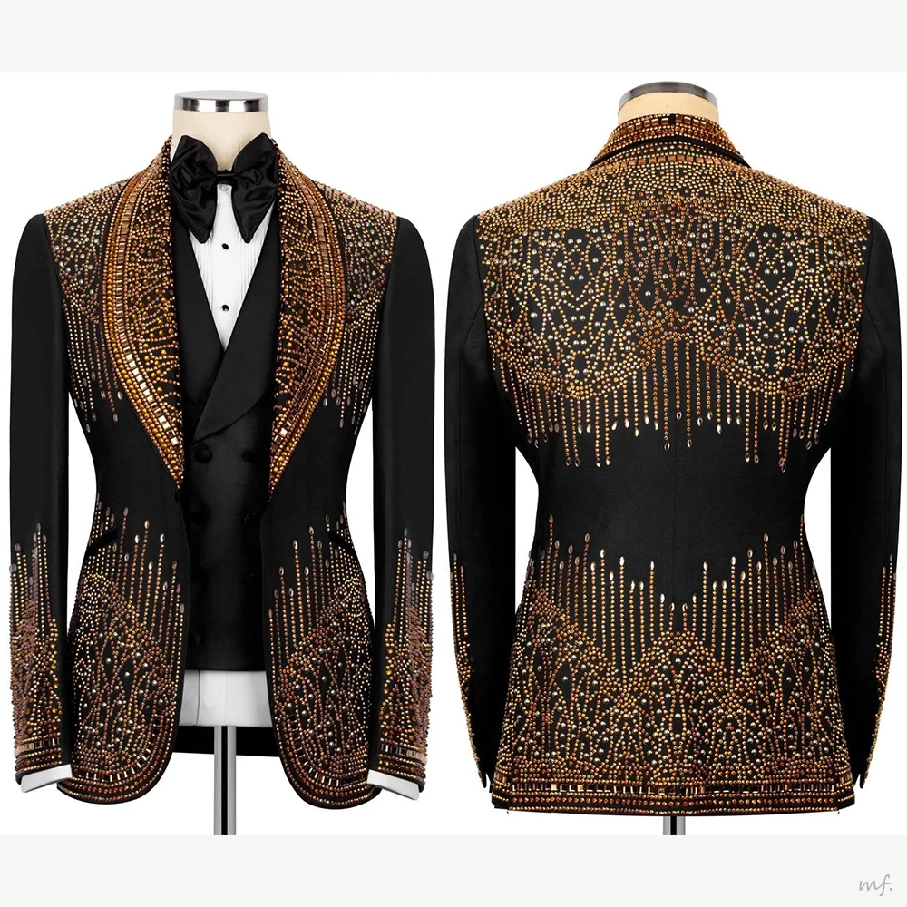 Gouden Herenkostuums Kristal Kralen Slim Fit Bruiloft Bruidegom Smoking Sjaal Revers Zakelijke Set 2-delige Blazer Broek Aangepast