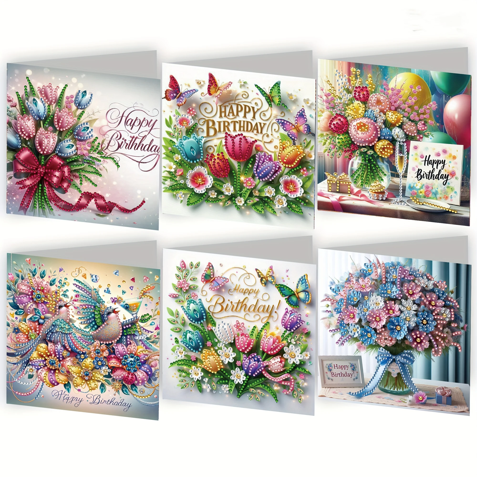 6-delig/set DIY diamant schilderij verjaardagskaartenset, met unieke bloem, vogel en patroonontwerpen, strass diamantverf