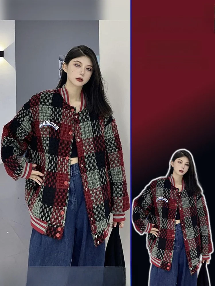 

plus Size Retro Plaid Baseball Jaet Loose Fit Slimming Spring Autumn Design Women's French Sle Faion Outerwear Top