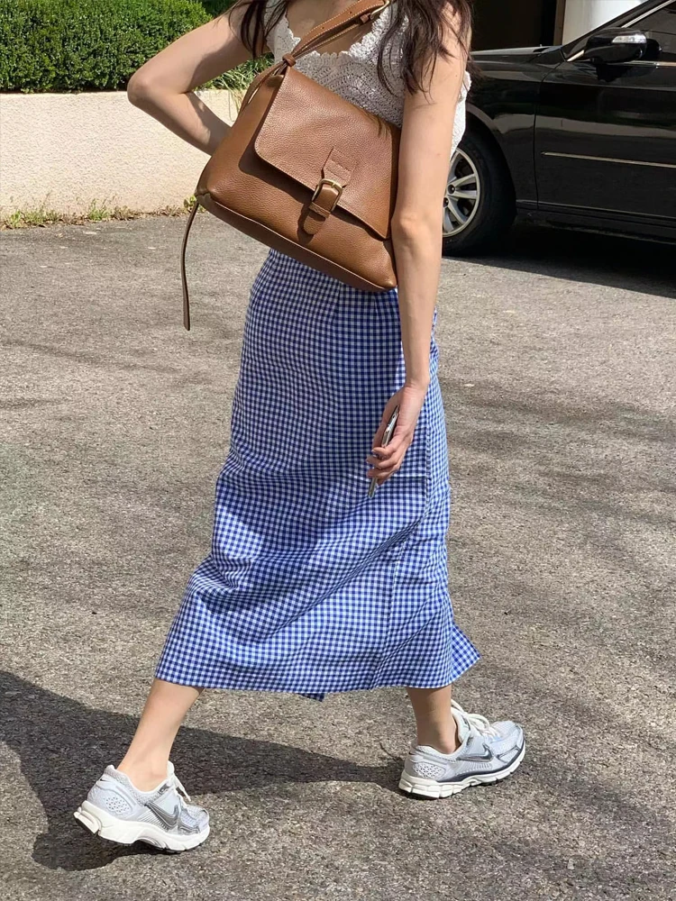 Modna spódnica w kratę damska z wysokim stanem, rozkloszowana spódnica midi, wiosna 2024, szykowna i stylowa, dopasowana długa spódnica.