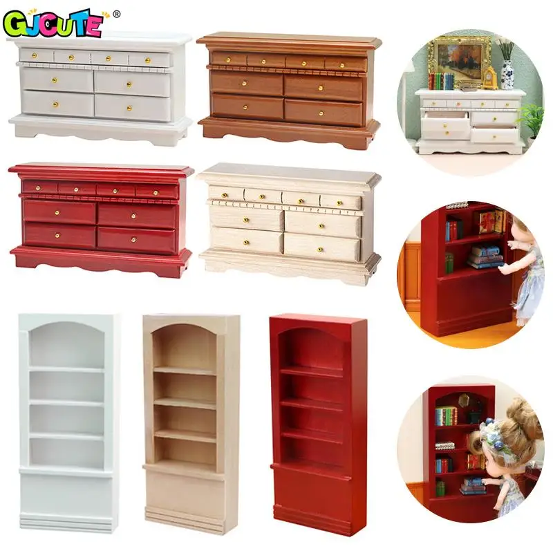 1:6 1:12 Dollhouse Miniature Display Cabinet Wooden Bookcase Simulation Drawers Chest Furniture Model Doll House Decor Toy