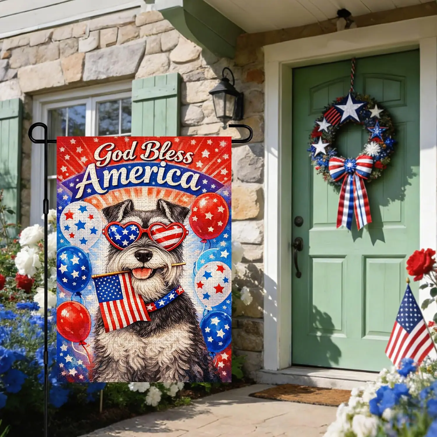 IVN Burlap Patriotic 4th of July Garden Flags 12x18 Inch Double Sided Yard Flags God Bless America Schnauzer Puppy Linen Sma zzo