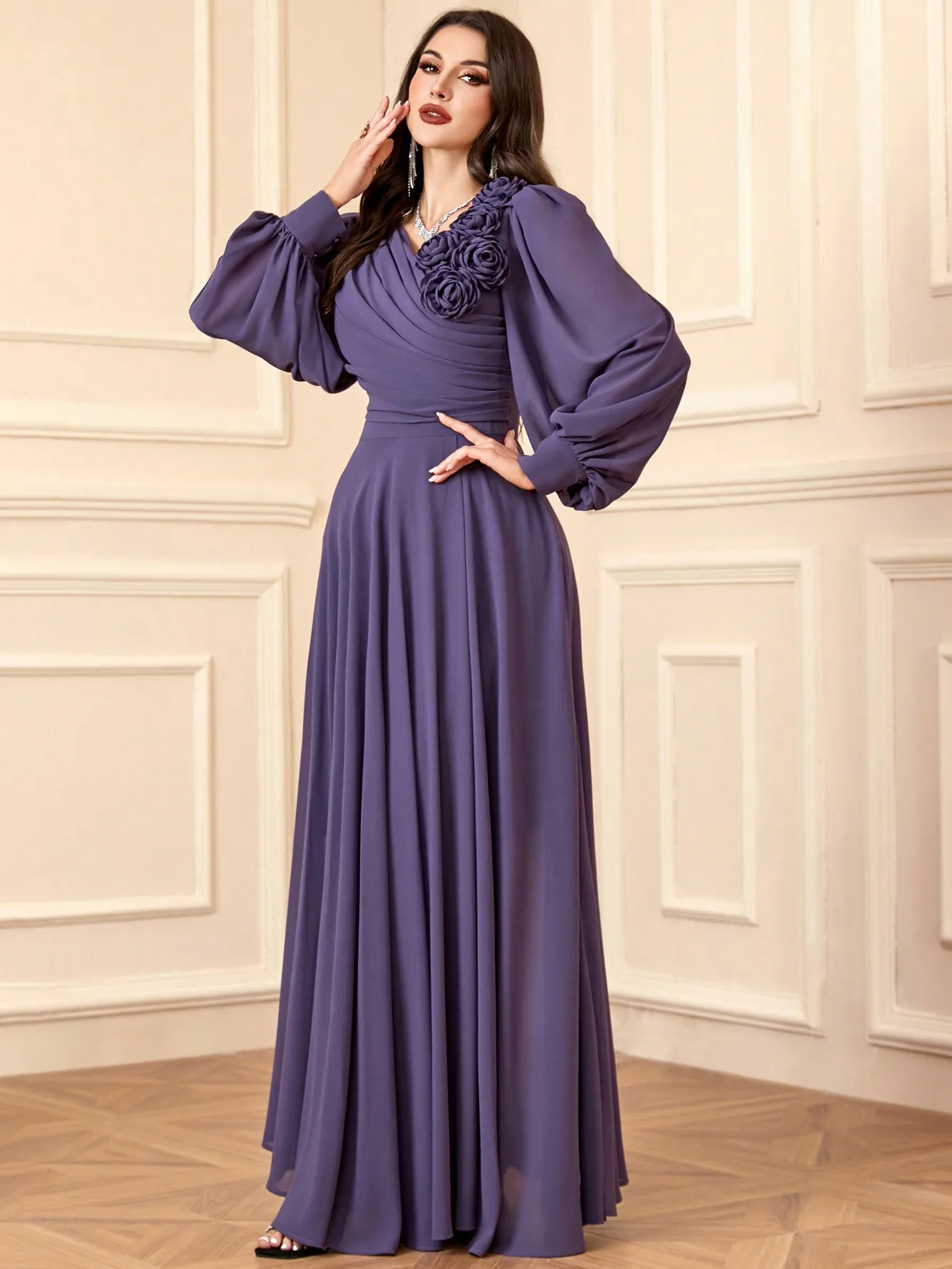 

Women's Solid Color Cross-Neck Pleated Three-Dimensional Floral Puff Sleeve Dress