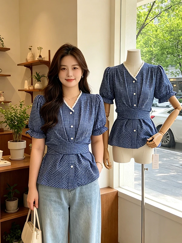 

plus Size V-Neck Lace Splice Shoulder Short Sleeve Shirt Women Summer New Belt Waist Slimming Plaid Top Korean Style Commute