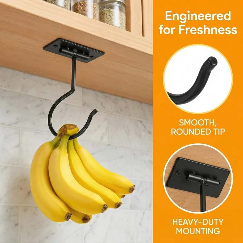 Black Metal Self-Adhesive Banana Hook Foldable Storage Rack Space-Saving Kitchen Cabinet Food Organizer 1-2PCS view 2
