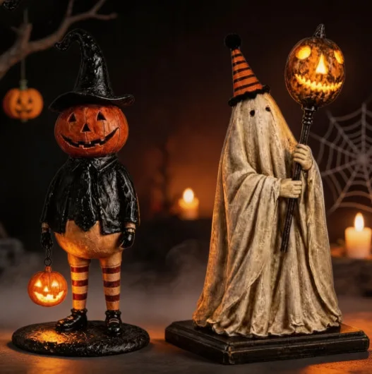 Light Up Halloween Figurine Resin Pumpkin Witch Ghost Statue Vintage Glowing Spooky Decor for Home Tabletop Party Use