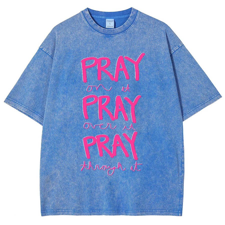 Pray On It Washed Y2K Short Sleeves T-Shirt, Cartoon Creative Printed Unisex Vintage Streetwear New Fashion Casual Plus-Size