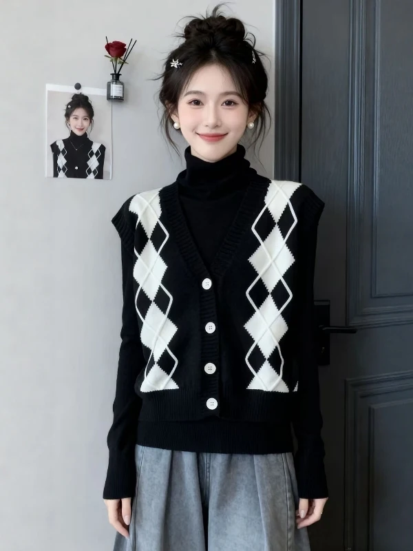 

Женский вязаный жилет больших размеров с V-образным вырезом, ромбовидным узором, свободный, с подплечниками, для многослойных образов, весенний сезон