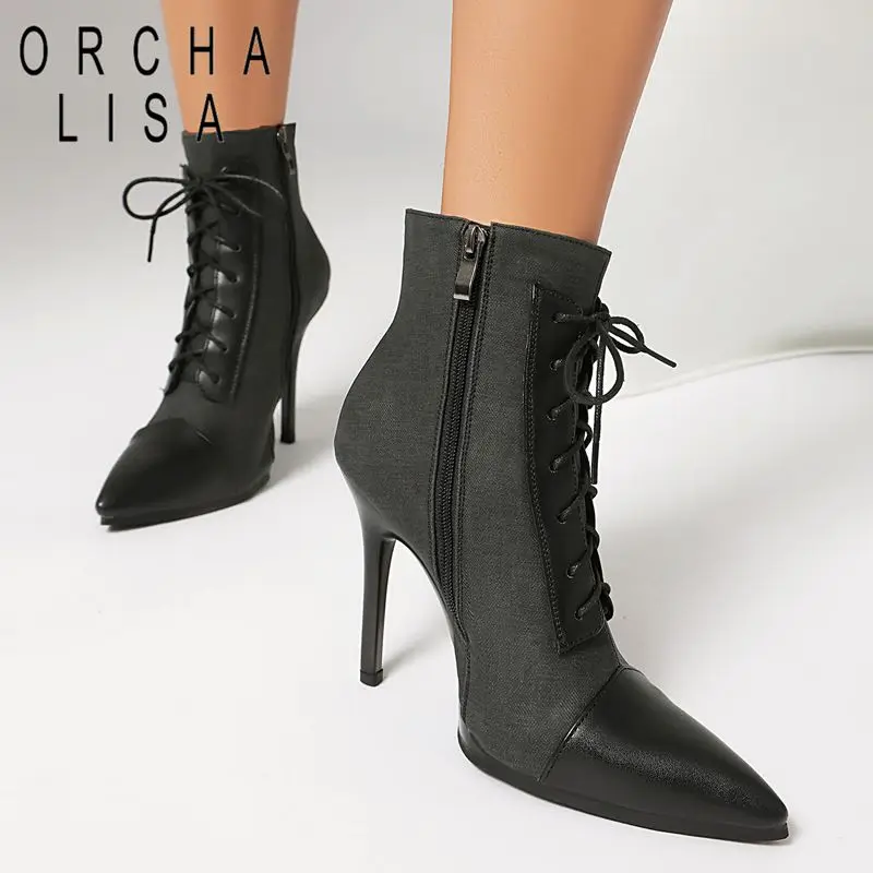 Fashion Fmeale Ankle Boots Pointed Toe 11cm Thin High Heels Zipper Lace Up Mixed Color Big Size 40 41 Party Short Fall