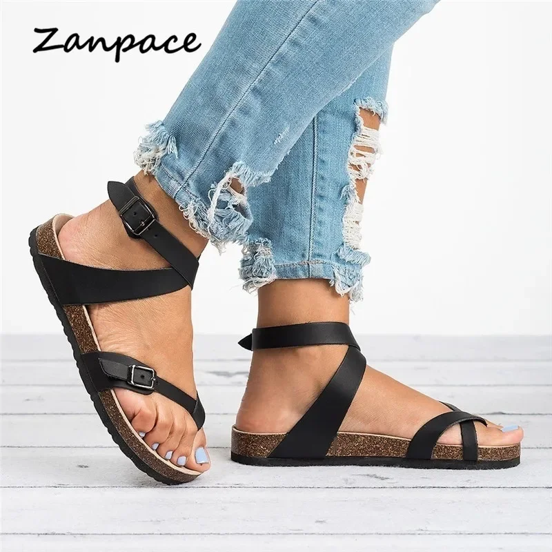 2023 Women Flat Sandals Summer Plus Size 44 Casual Beach Shoes Women Buckle Strap Gladiator Open Toe Flops Women Black Brown