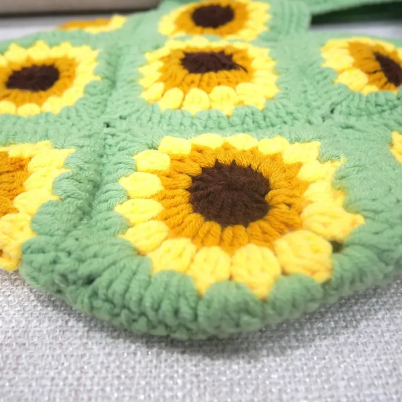 Sunflower-shaped handwoven straw handbag for women made of natural wool blend ideal for beach vacation and daily commuting view 3