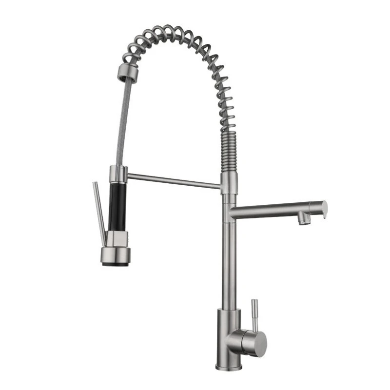 

Brushed spring stainless steel hot and cold kitchen faucet Rotatable and retractable double outlet vegetable basin faucet