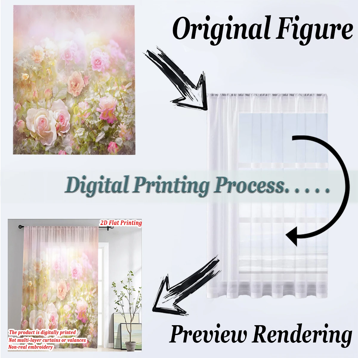 ستارة شفافة بطباعة مسطحة على شكل زهور ملونة، قماش خفيف، لغرفة المعيشة وغرفة النوم وديكور المنزل والنافذة