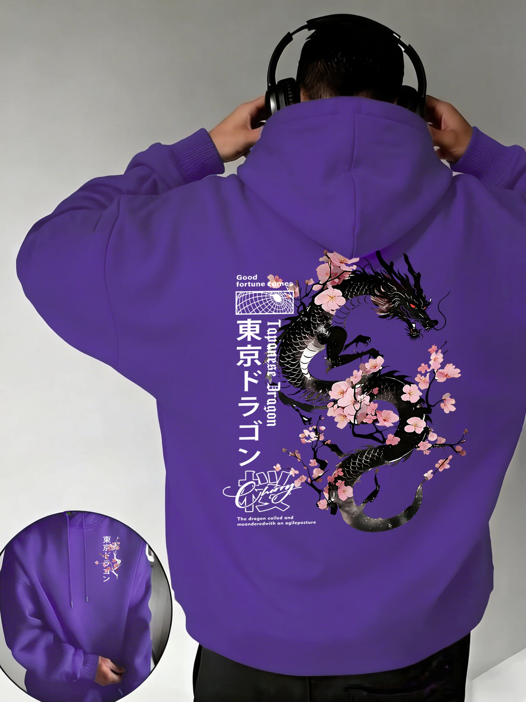 Sakura Tokyo Drachen-Print Hoodies für Herren mit Tasche Modische Freizeitkleidung Herbst Japan-Stil Pullover Fleece Loose Basics Oberteile