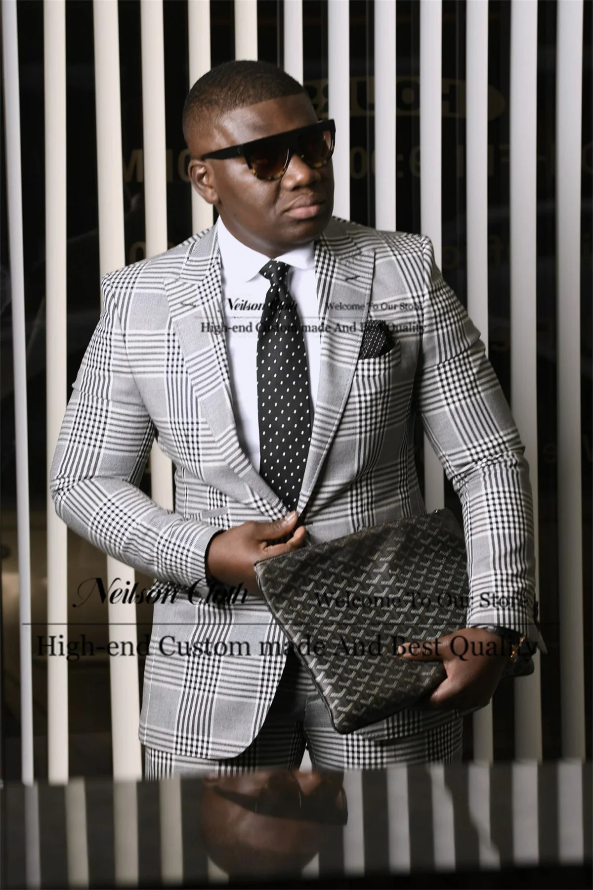

Grey Single Breasted Male Prom Blazers 2 Pieces Sets Plaid Groom Wedding Tuxedos Business Customized Peaked Lapel Costume Homme