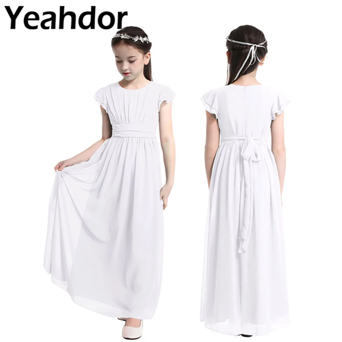 

Girls Chiffon Flutter Sleeves Flower Girl Dress Pageant Wedding Birthday Party Long Dress First Communion Party Princess Dress