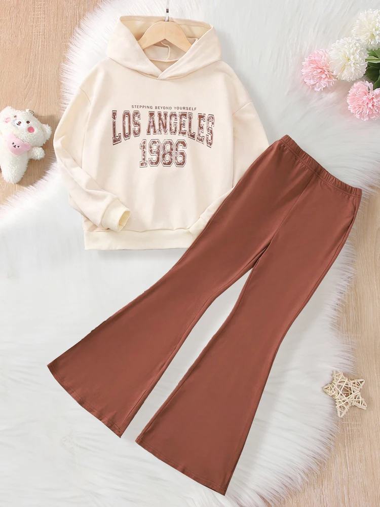 LOS ANGELES Print Outfits 2pcs Girls Hoodies + Flare Pants Set Spring Fall Outdoor Gift