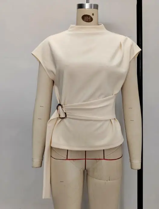 

Minimalist Women's T-Shirt 2026 Summer New Style Elegant Slimming Solid Color Stand Up Collar Strap Waist Short Sleeve Top