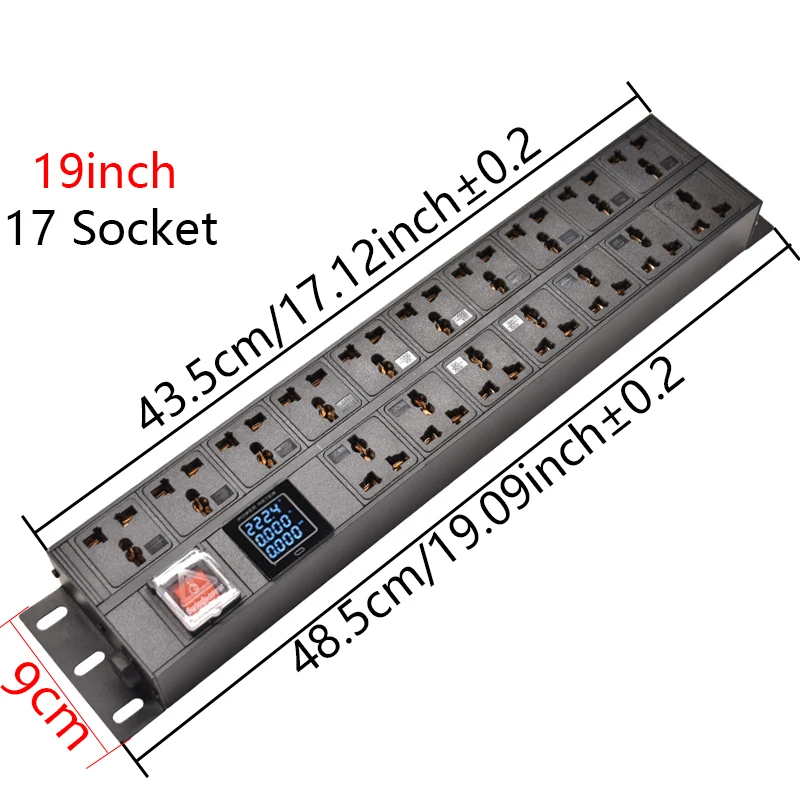 2U PDU Power Strip Distribution Unit Cabinet Rack Mount 17Ways Universal Outlets Break Switch display meter 2m Extension cord