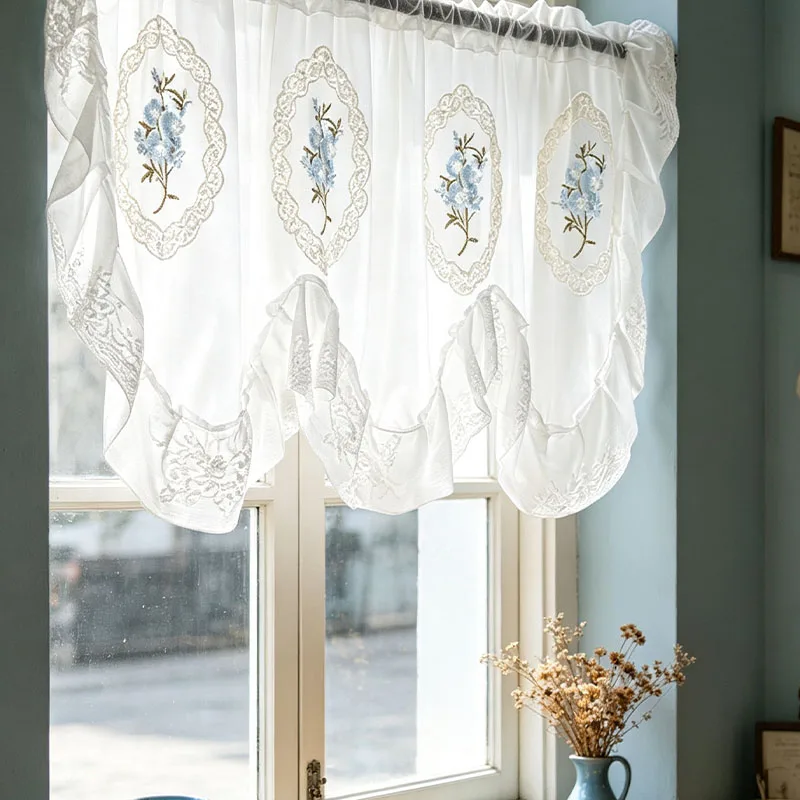 1pc French Fresh Blue Floral Oval Lace Frame Wavy Short Valance, Soft Layer Ruffle Sheer Curtain