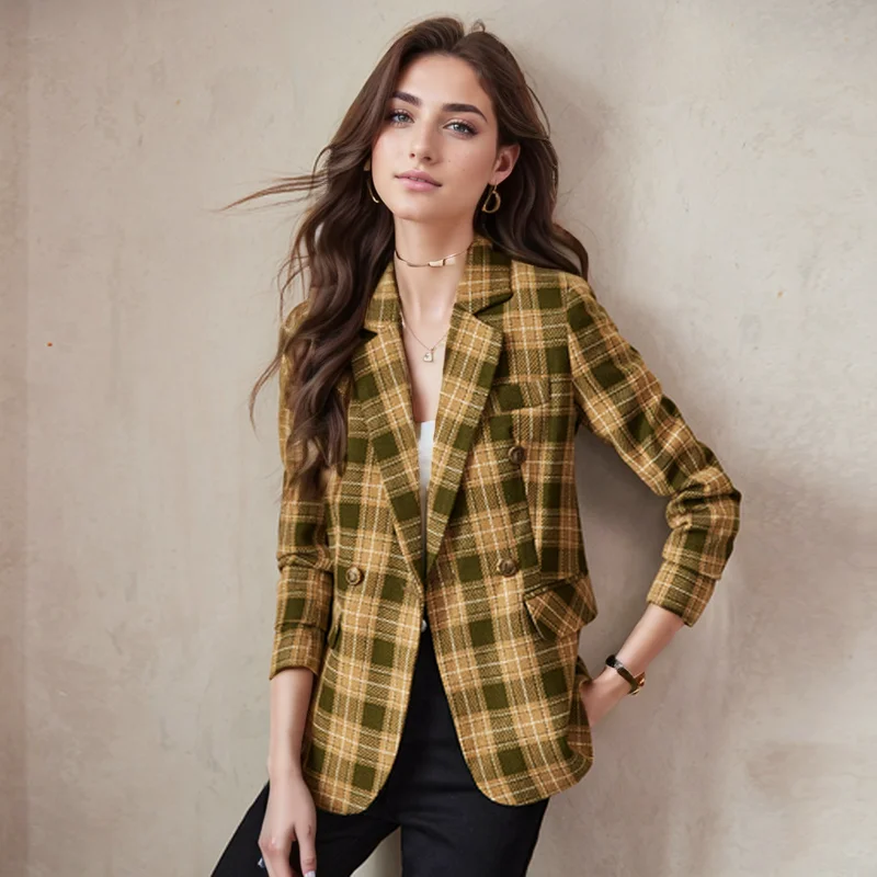 ZJYT Vintage Plaid Print Outerwears Woman 2024 New In Coats Blazers Feminino Jackets Large Size Elegant Lady Casaco Veste Femme