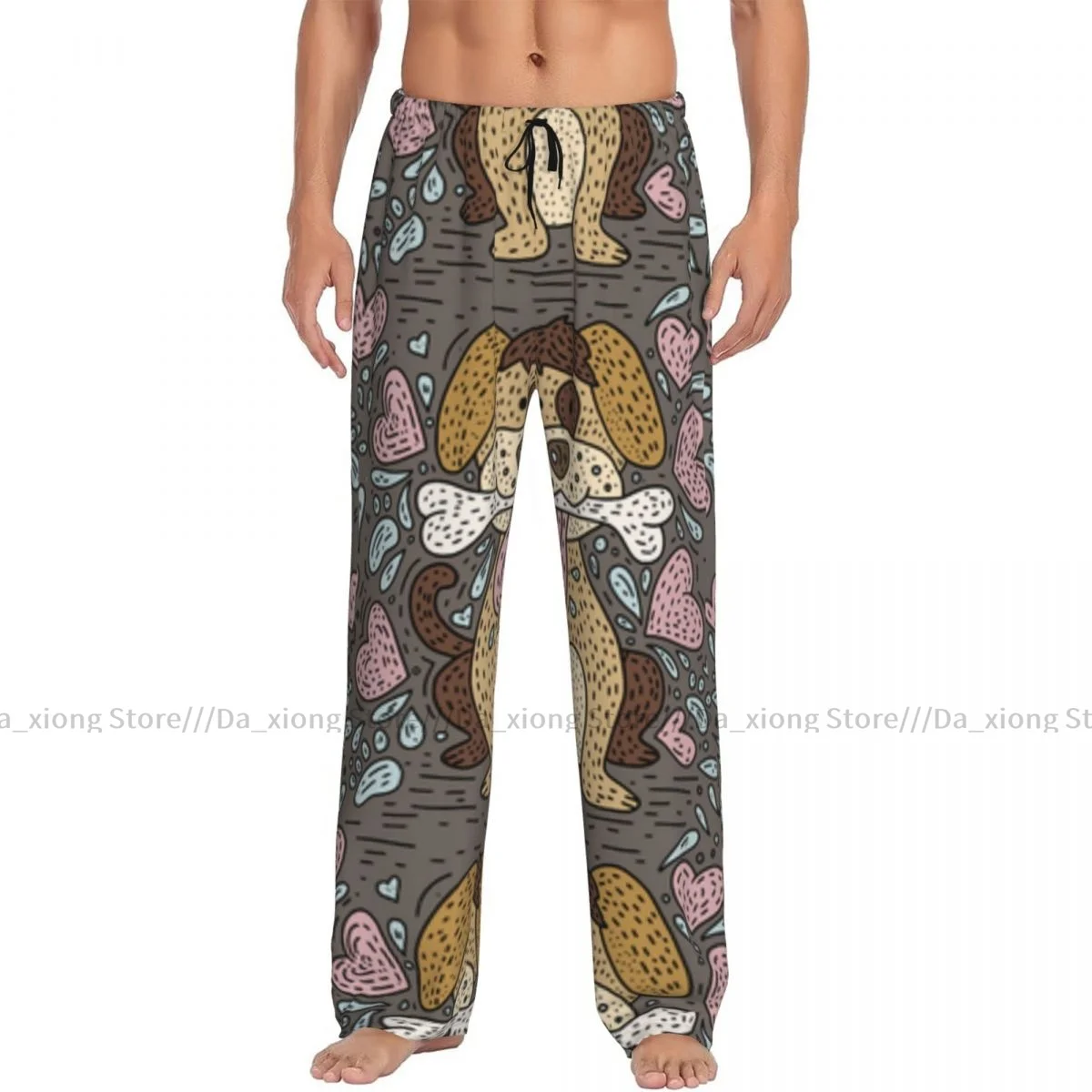 Men's Sleepwear Loose Sleep Pants Pajamas Dog With Bone And Hearts Long Lounge Bottoms Casual Homewear