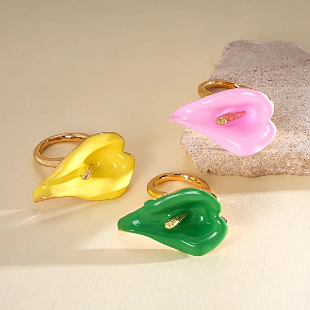 New Adjustable Enamel Calla Flower Ring Oil-dropped Colorful Finger Open Rings Metal Geometric Opening Band Jewelry