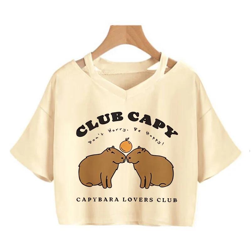 Women Capybara Crop Tops Capibara Cartoon Manga Kawaii Tee Shirt Funny Fashion Cropped Harajuku Graphic 2000s Y2k Tshirt Female