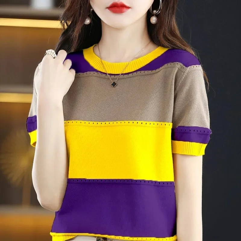 

Новая летняя футболка из ледяного шелка, вязаный пуловер в полоску с короткими рукавами, женский тонкий вязаный свитер соответствующего цвета, женский