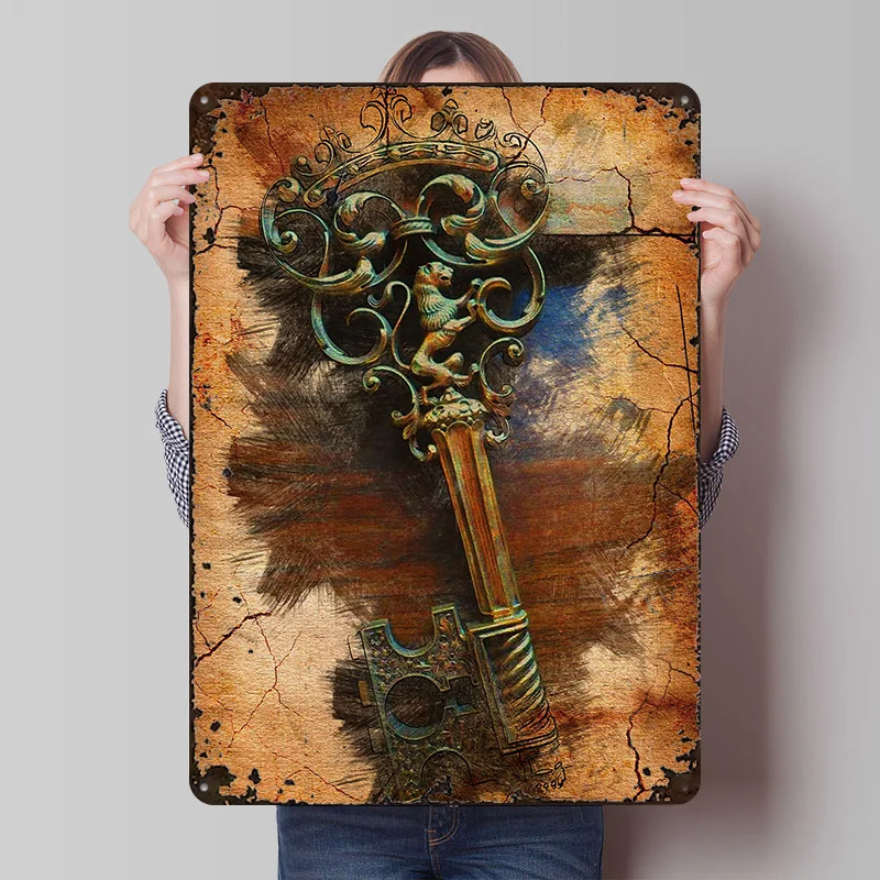 Steam Punk Old Key Lion Printing Poster Customized Retro Wall Art Vintage Metal Signs for Mancave Home Decor Living Room House