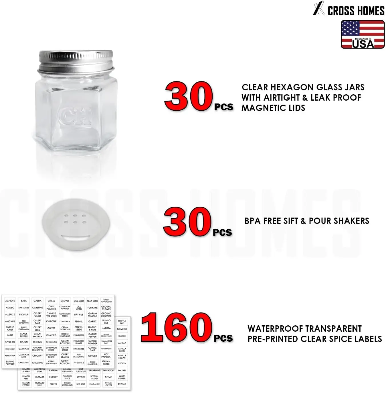 30 Set Glass Hexagon Spice Jars with Lids, Labels, Shaker - RV Kitchen Fridge Cabinet Wall Mount