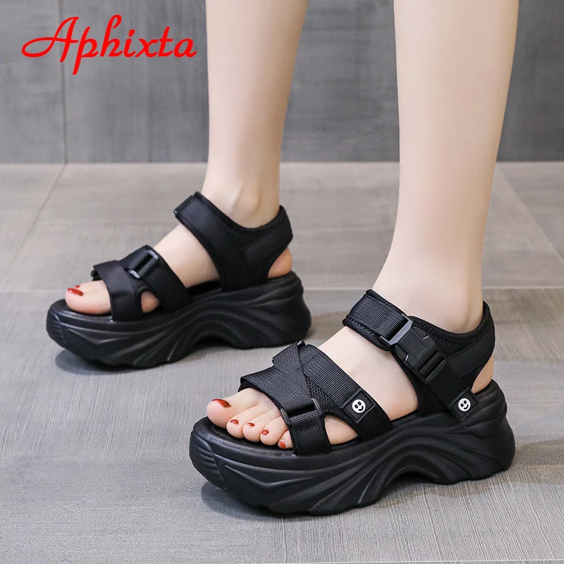 Aphixta 2023 Buckle Height Increaming Canvas 6.5cm Wedge Heel Platfom Sandals Women Shoes Black Thick Bottom Slides