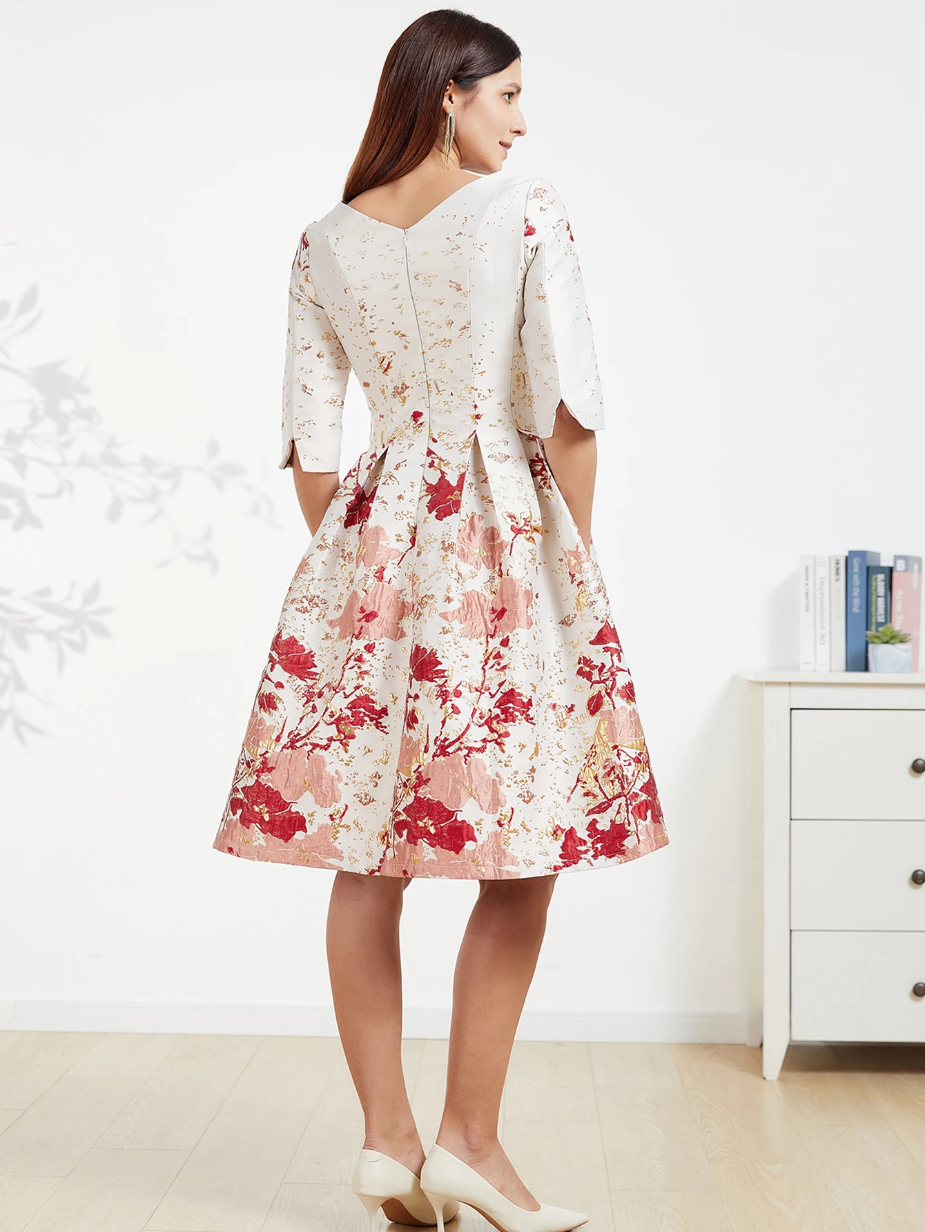 DEVCHATA-Robe Jacquard de Luxe Mi-Longue pour Femme, Tenue de Soirée Florale, Col Rond, Formelle, Éducative, à la Mode, Nouvelle Collection Printemps