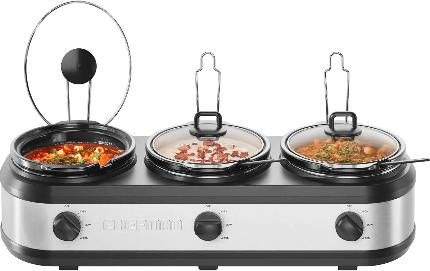 

Triple Slow Cooker & Food Warmer, 3 Crock 7.5Qt Total Ceramic Pots, 3 Temp Settings, Stainless Steel, Dishwasher Safe